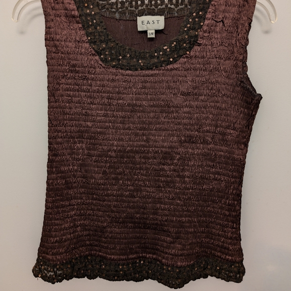Brown sleeveless ruched top with sequined neck/hem, Size S - Picture 2 of 7